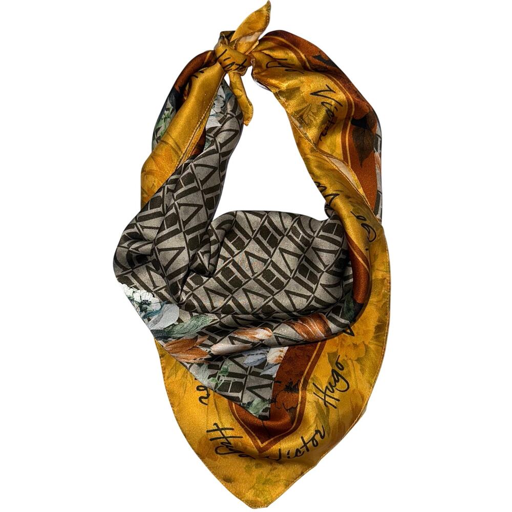 NWT Victor Hugo Brazil Designer Logo Monogram Floral Silk Square Scarf 23” x 23”